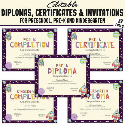 37 Editable Pre K Graduation Diploma, Preschool, Kindergarten Certificates, and Invitations – Instant PDF Download!