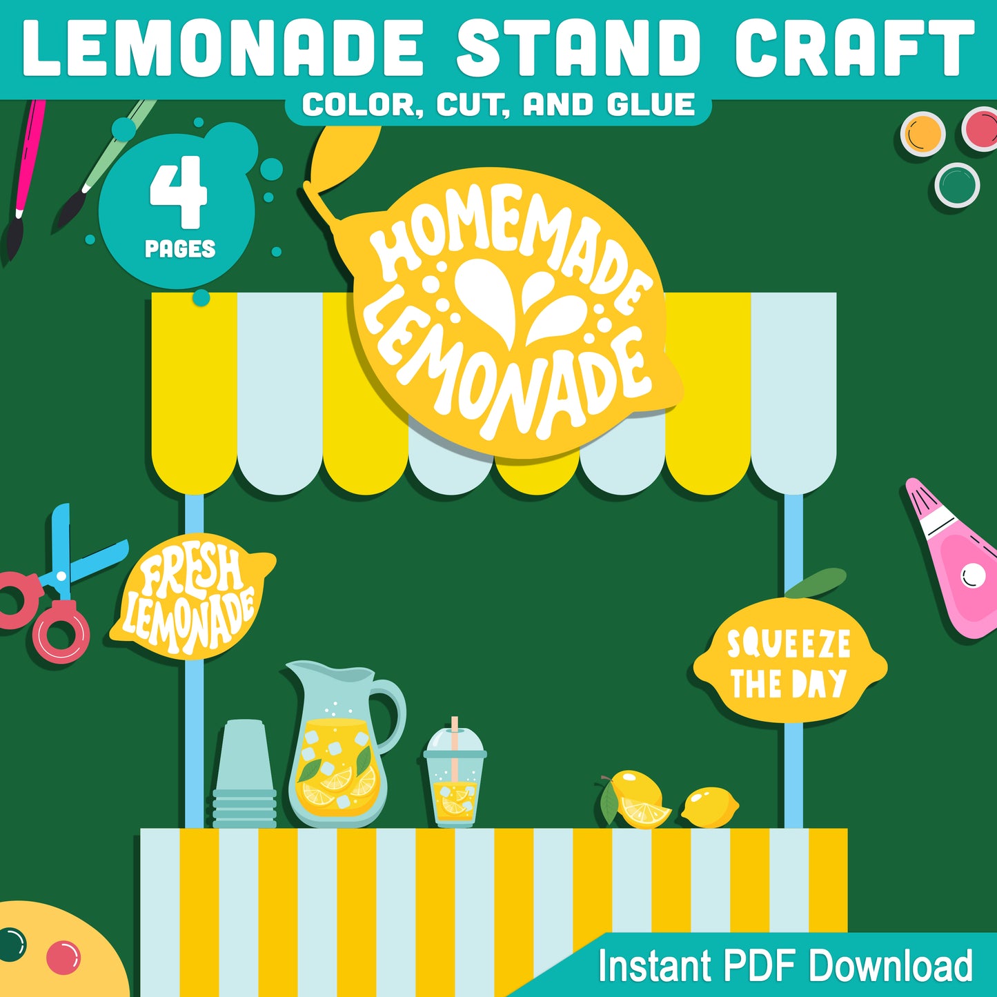 Lemonade Stand Craft, Summer Activity, Cut and Paste Printable, Seasonal Kids Project, Coloring Build Activity, Letter & A4 PDF