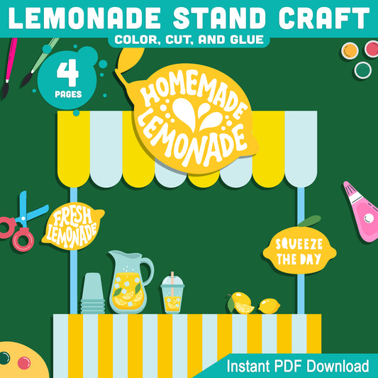 Lemonade Stand Craft, Summer Activity, Cut and Paste Printable, Seasonal Kids Project, Coloring Build Activity, Letter & A4 PDF