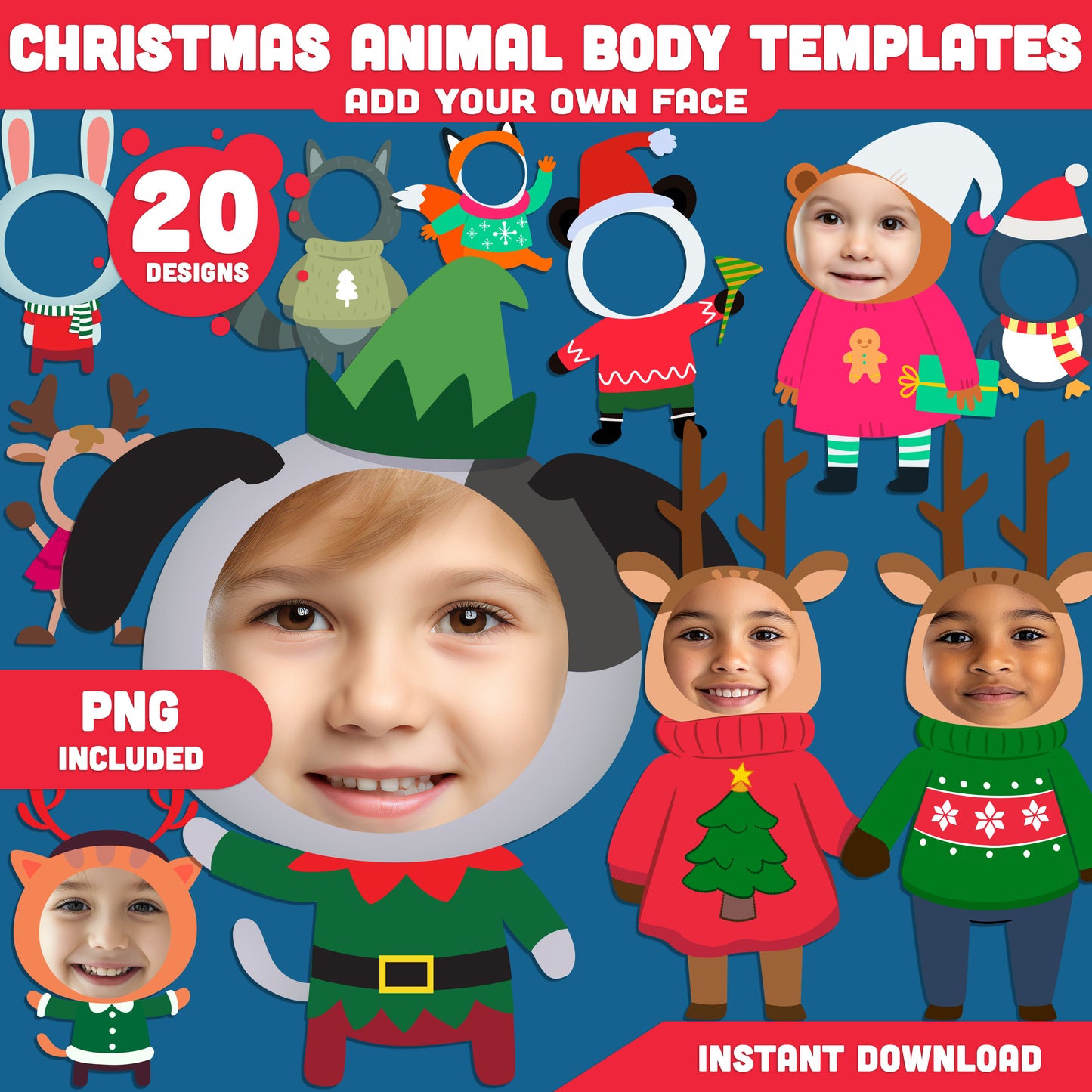 Printable Christmas Animal Body Templates, Add Your Face Craft, 20 Winter Designs for Holiday Classroom or Home Activities, Includes High-resolution PDF + PNG