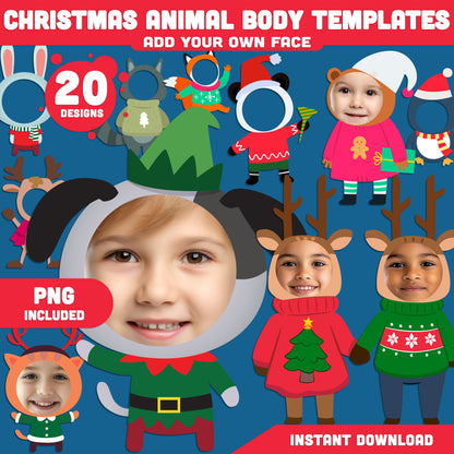 Printable Christmas Animal Body Templates, Add Your Face Craft, 20 Winter Designs for Holiday Classroom or Home Activities, Includes High-resolution PDF + PNG