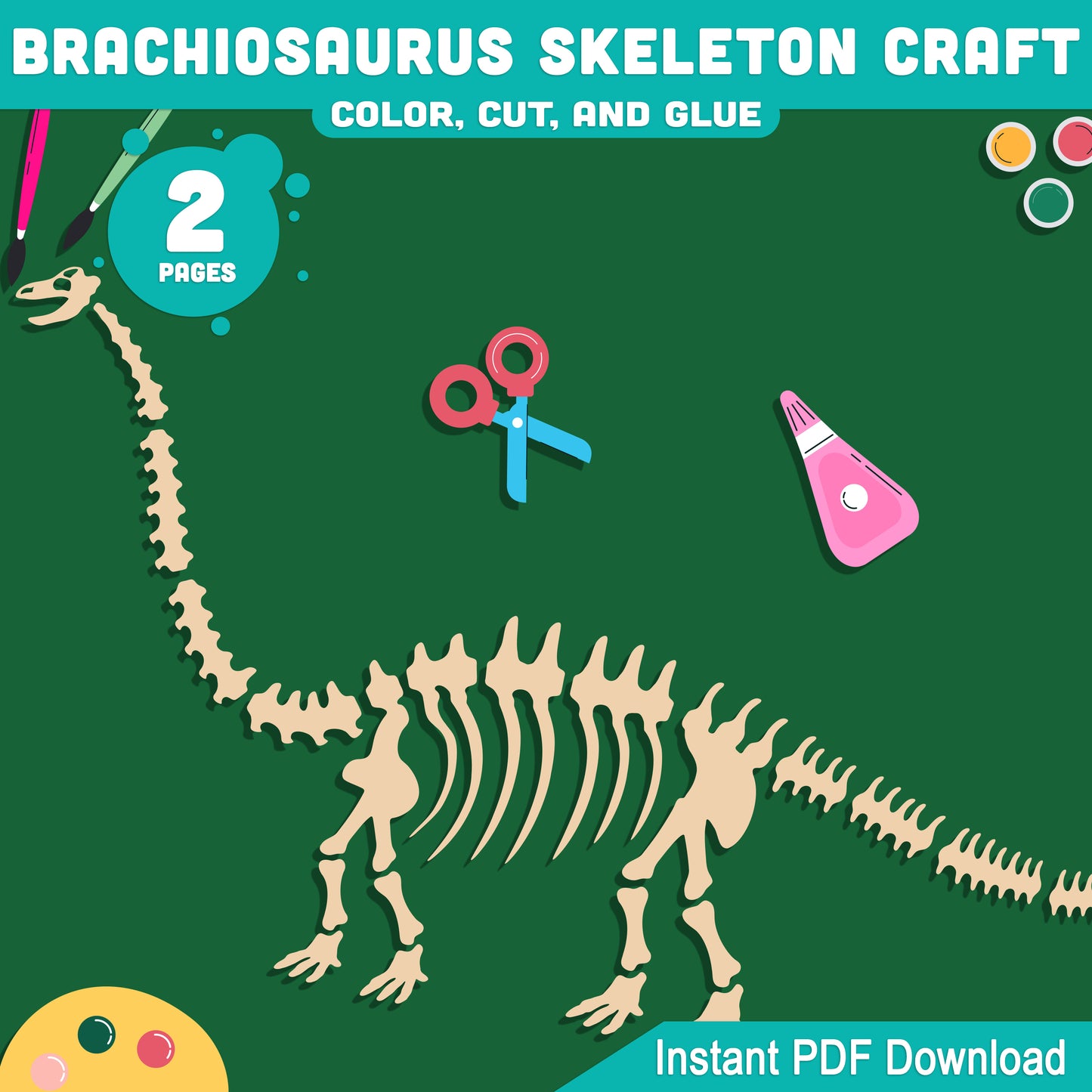 Brachiosaurus Skeleton Craft, Dinosaur Cut and Paste Activity, Printable Pre-Colored & Black and White, US Letter, A4 PDF