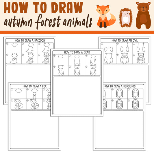 Learn How to Draw Autumn Forest Animals: Directed Drawing Step by Step Tutorial, Includes 5 Coloring Pages, PDF File, Instant Download.
