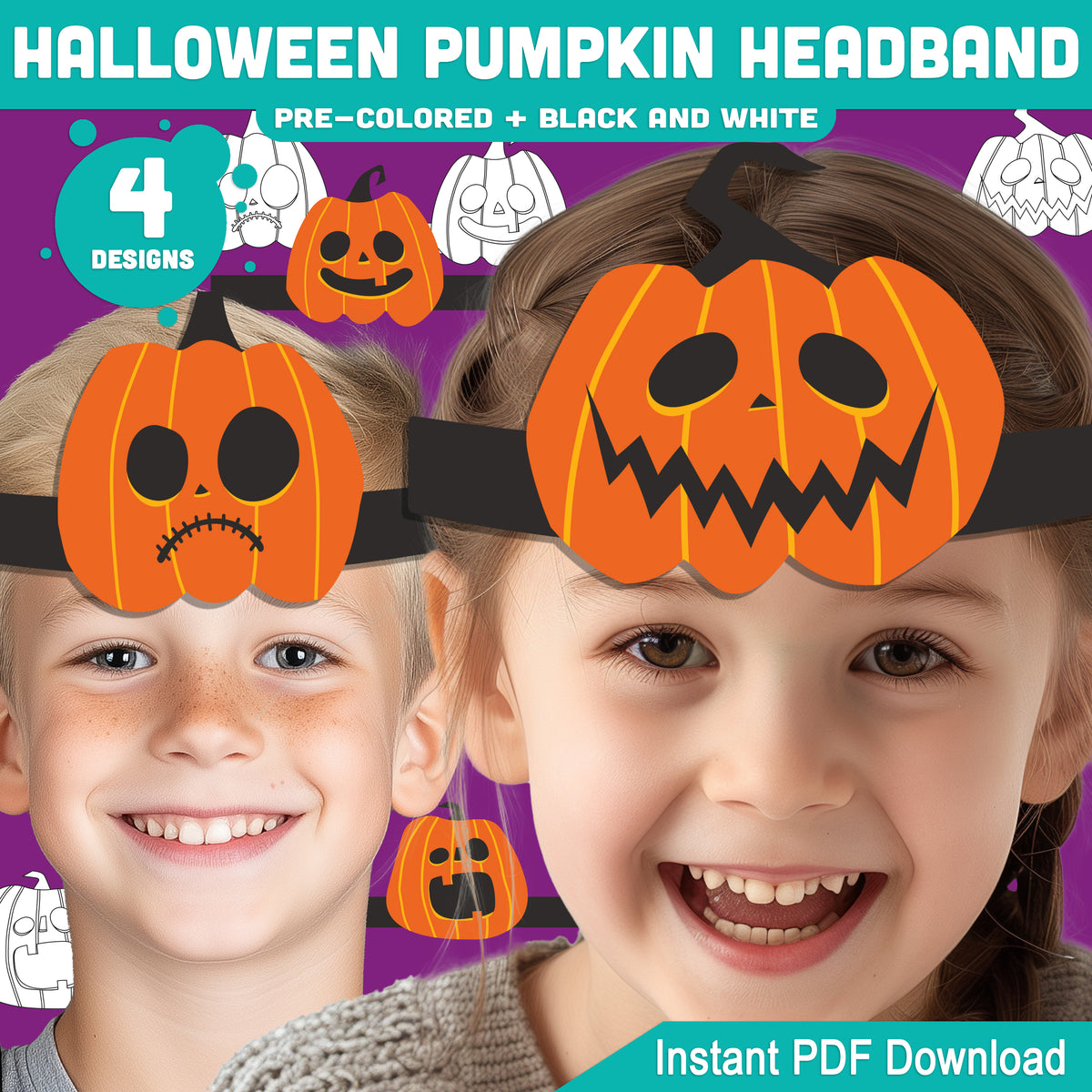 Halloween Pumpkin Headband Craft, Printable Pumpkin Hat, Autumn Paper Crown, Pre-Colored and Black & White, 4 Designs, US Letter, A4 PDF