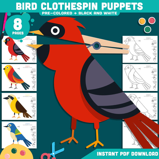 Bird Clothespin Puppets, Color Cut and Play Bird Activity, Printable Nature Craft, Instant PDF Download