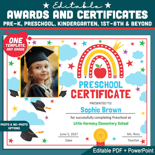 Editable Awards and Certificates, Graduation Set for Preschool & Beyond, Any Grade Diploma or Certificate Template, With and Without Photo, PDF PowerPoint