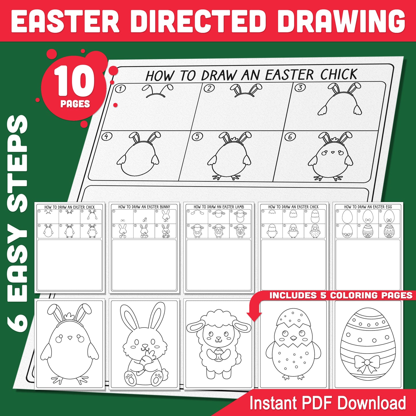 Easter Directed Drawing Worksheets – Step-by-Step Bunny, Chick, Egg & Lamb No Prep Printable Drawing Tutorial Guide for Kids PDF