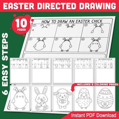 Easter Directed Drawing Worksheets – Step-by-Step Bunny, Chick, Egg & Lamb No Prep Printable Drawing Tutorial Guide for Kids PDF
