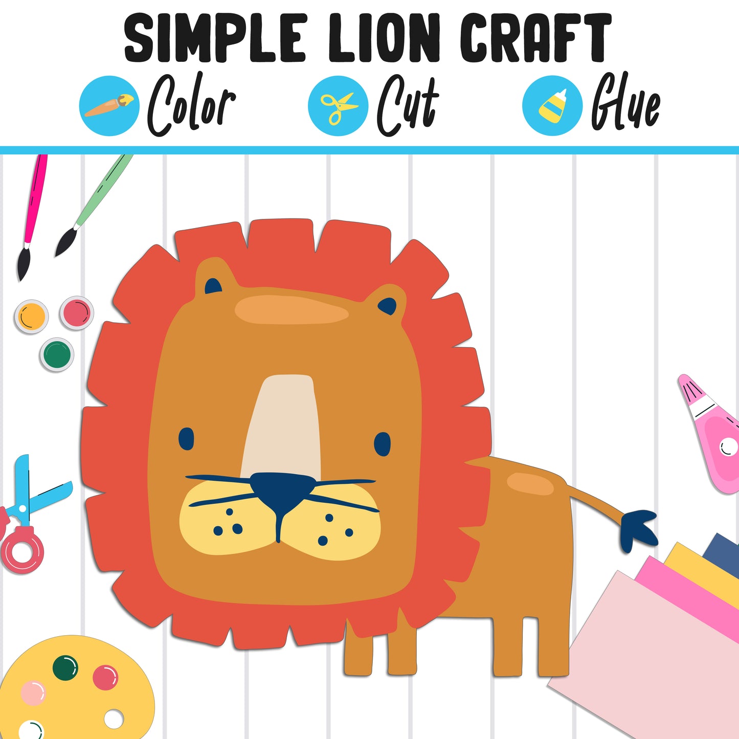 imple Lion Craft for Kids : Color, Cut, and Glue, a Fun Activity for Pre K to 2nd Grade, PDF Instant Download