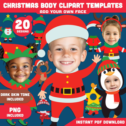 Printable Christmas Body Clipart Templates for Kids, 20 Designs, Light + Dark Skin Tone, Fun Add Your Own Face Winter Craft, PDF + PNG Files, 8.5x11"