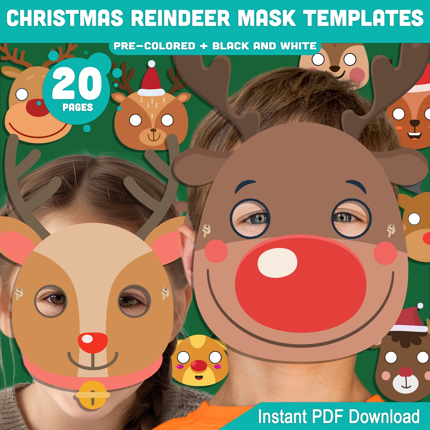 Printable Christmas Reindeer Mask Templates: 10 Fun Designs, 20 Pages (10 Pre-Colored + 10 Black and White), Perfect for School or Home Holiday Craft, PDF