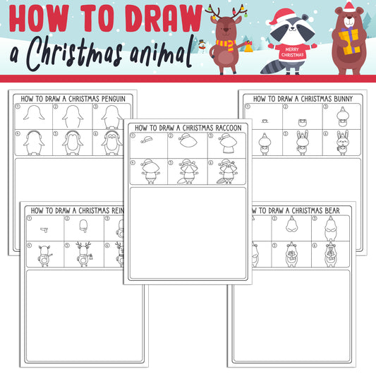 Learn How to Draw a Christmas Animal: Directed Drawing Step by Step Tutorial, Includes 5 Coloring Pages, PDF File, Instant Download.