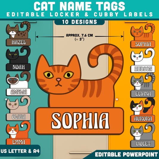 Cat Name Tags, Adorable Kitten Classroom Decor, Editable Locker & Cubby Labels, Cozy Animal Theme, PowerPoint, 10 Designs, Student Spaces, US Letter