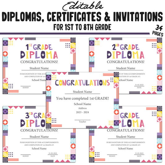 Editable 2nd Grade Diplomas, 1st-8th Grade Certificates, and Invitation Templates in a Mosaic Theme - 34 Pages, PDF Instant Download