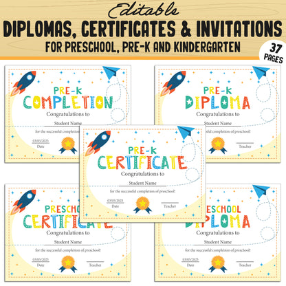 Fun and Editable Preschool, Pre-K, and Kindergarten Diplomas, Certificates, and Invitations – 37 Customizable PDF Pages, Instant Download