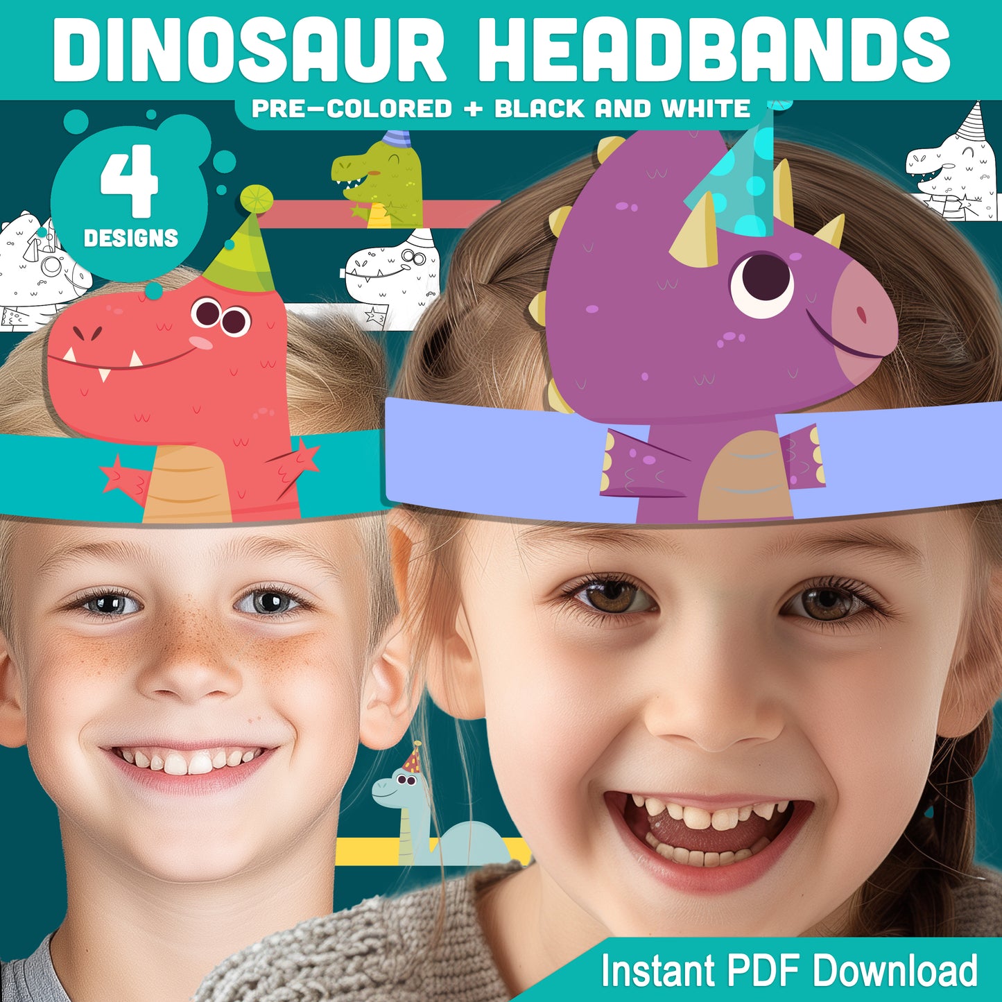 Dinosaur Birthday Headbands, Printable Paper Crowns, Color Your Own Party Hats, Wearable Dinosaur Craft, 4 Designs, US Letter, A4