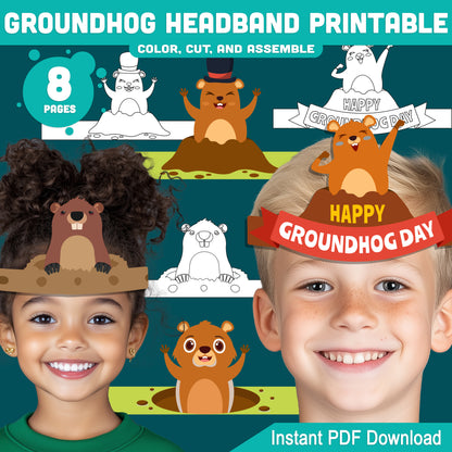 Printable Groundhog Day Headband & Crown Crafts for Kids, Fun Paper Hat Craft, Color Cut and Wear Crown Activity, Pre-color + Black & White