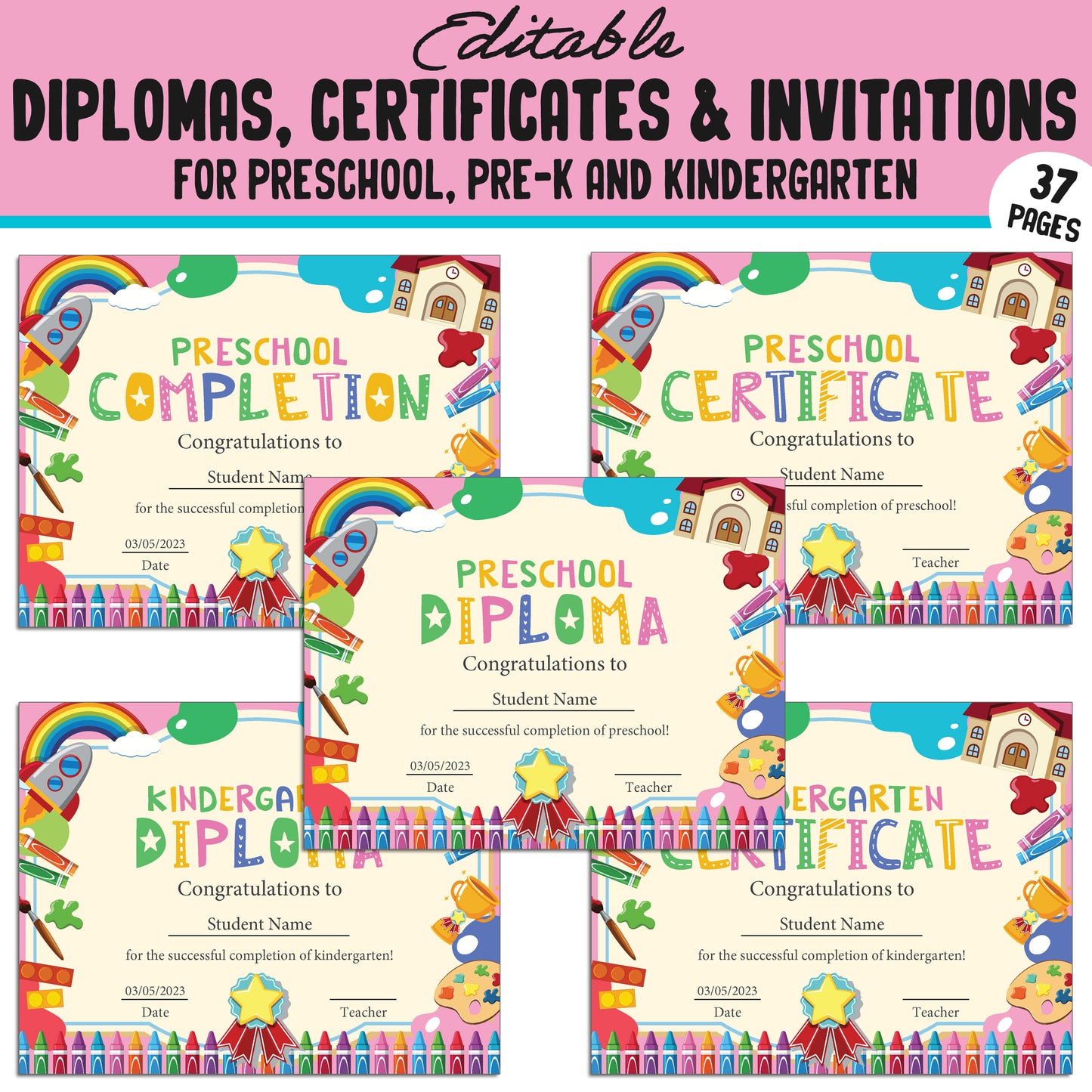 Editable Preschool, Pre-K, and Kindergarten Diplomas, Certificates, and Invitations – 37 Customizable PDF Pages, Instant Download