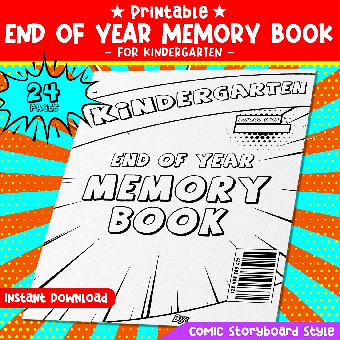 Printable Kindergarten Memory Book – 24 Comic-Style Pages for Coloring & Writing, End of Year Keepsake Activity, PDF Download
