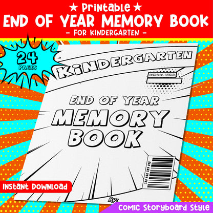 Printable Kindergarten Memory Book – 24 Comic-Style Pages for Coloring & Writing, End of Year Keepsake Activity, PDF Download
