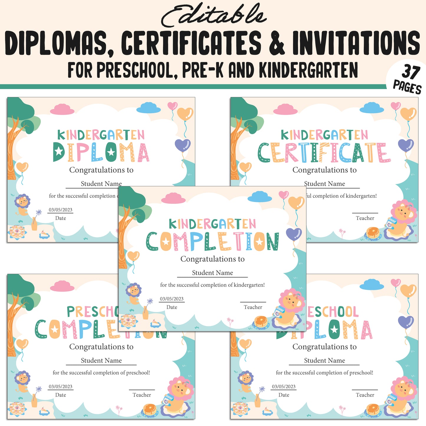 Editable Kindergarten, PreK, Preschool Diplomas, Certificates & Invitations – 37 Customizable PDF Pages, Instant Download