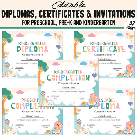 Editable Kindergarten, PreK, Preschool Diplomas, Certificates & Invitations – 37 Customizable PDF Pages, Instant Download