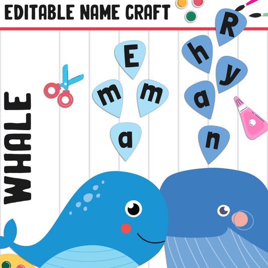 Whale Name Craft Activity: Back to School Bulletin Board, 40 Pages, 5 Designs, Blank & Editable, Color and Black-and-White Versions