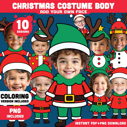 Christmas Costume Add-Your-Face Templates – Winter Body Templates, 10 Designs, Coloring Version Included, High-resolution PDF + PNG Files for Classroom Displays, Home Activities, and Parties