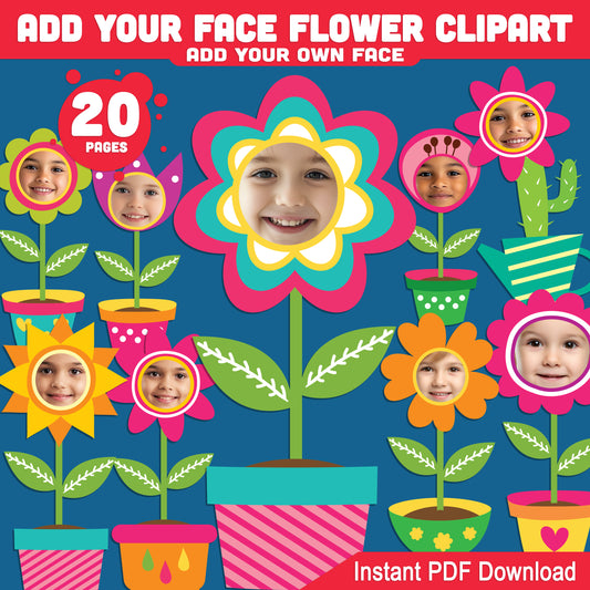 DIY Flower Face Clipart Templates: Add Your Own Photo to 20 Cute Floral Body Cutouts, Fun Spring Craft for Kids, Printable PDF for Easy Photo Swap Activity.