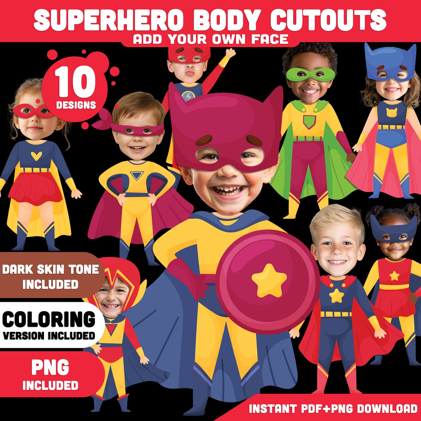 Printable Superhero Body Cutouts – Add Your Own Face Kids Craft Activity, Coloring Version Included, 10 Unique Designs, PDF + PNG Files