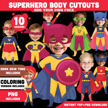 Printable Superhero Body Cutouts – Add Your Own Face Kids Craft Activity, Coloring Version Included, 10 Unique Designs, PDF + PNG Files