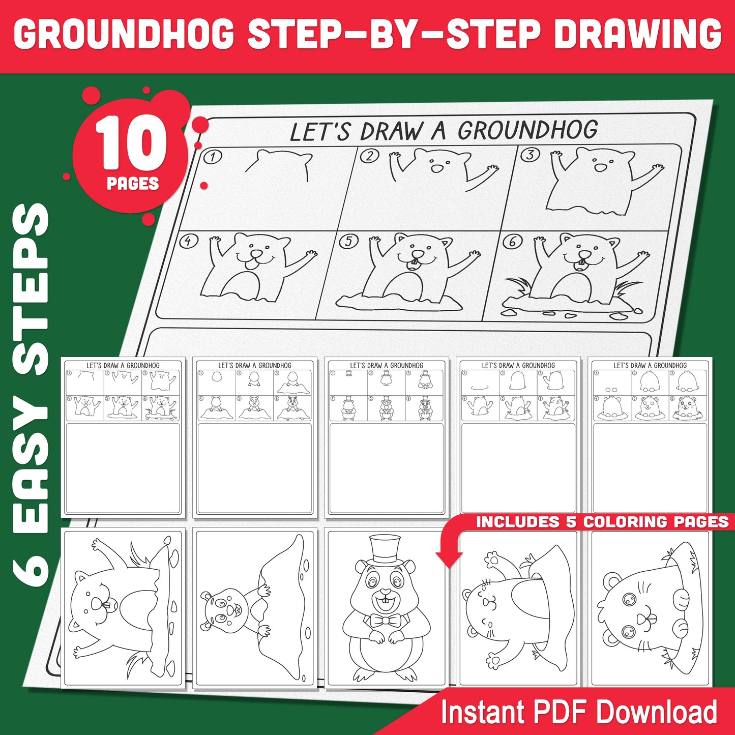 How to Draw a Groundhog – Step-by-Step Drawing for Kids, Simple Guided Drawing Tutorial, 5-Page PDF with Coloring Pages