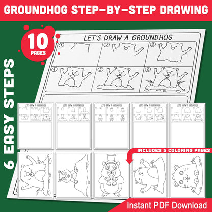 How to Draw a Groundhog – Step-by-Step Drawing for Kids, Simple Guided Drawing Tutorial, 5-Page PDF with Coloring Pages