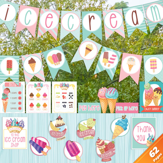 Editable Ice Cream Shop Printable Kit: Summer Activity, Dramatic Play, Sunshine Party Decor, 62 Pages of Signs Posters Labels Tags & Banners