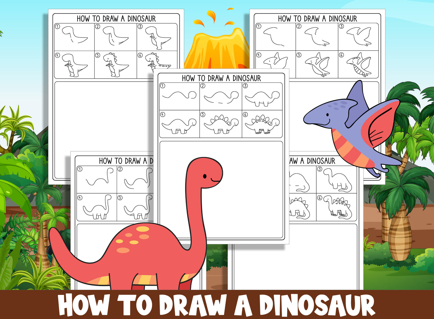 Learn How to Draw a Dinosaur, Directed Drawing Step by Step Tutorial, Includes 5 Coloring Pages, PDF File, Instant Download