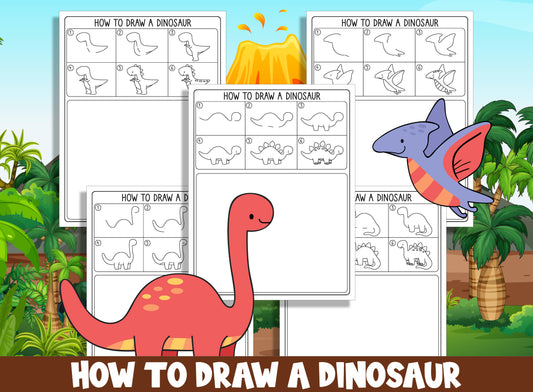 Learn How to Draw a Dinosaur, Directed Drawing Step by Step Tutorial, Includes 5 Coloring Pages, PDF File, Instant Download