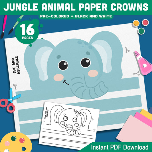 Jungle Animal Paper Crown Templates: 8 Cute Animal Headbands for Kids to Print, Color & Assemble, Includes Tiger, Elephant, Monkey & More – PDF