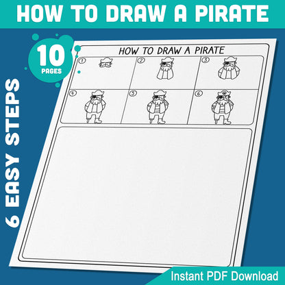 Pirate Drawing Tutorial for Kids: 6 Steps with 5 Coloring Pages, Engaging Art Activity, Perfect for Creative Kids Who Love Pirates, Instant PDF Download