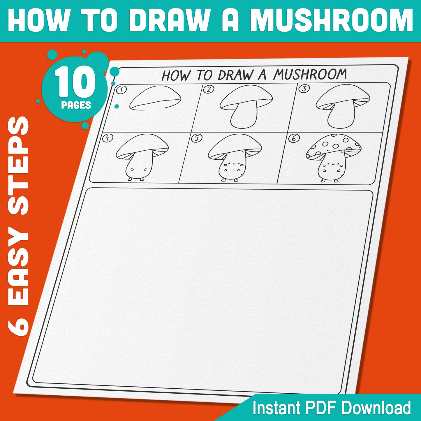 6-Step Mushroom Drawing Tutorial + 5 Fun Coloring Pages, Engaging Art Activity for Kids to Boost Creativity, Instant PDF Download