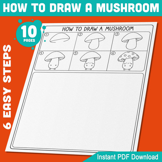 6-Step Mushroom Drawing Tutorial + 5 Fun Coloring Pages, Engaging Art Activity for Kids to Boost Creativity, Instant PDF Download