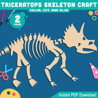 Triceratops Skeleton Craft, Dinosaur Cut and Paste Activity, Printable Pre-Colored & Black and White, US Letter, A4 PDF