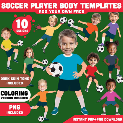Soccer Player Add Your Own Face Craft, Soccer Player Body Templates, Sports Photo Insert Activity, 10 Designs, Coloring Version Included