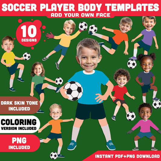 Soccer Player Add Your Own Face Craft, Soccer Player Body Templates, Sports Photo Insert Activity, 10 Designs, Coloring Version Included