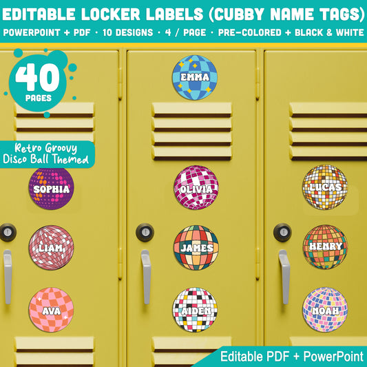 Editable Locker Labels (Cubby Name Tags), Retro Groovy Disco Ball Themed, 40 Pages, 10 Editable Designs, PDF + PowerPoint, Instant Download