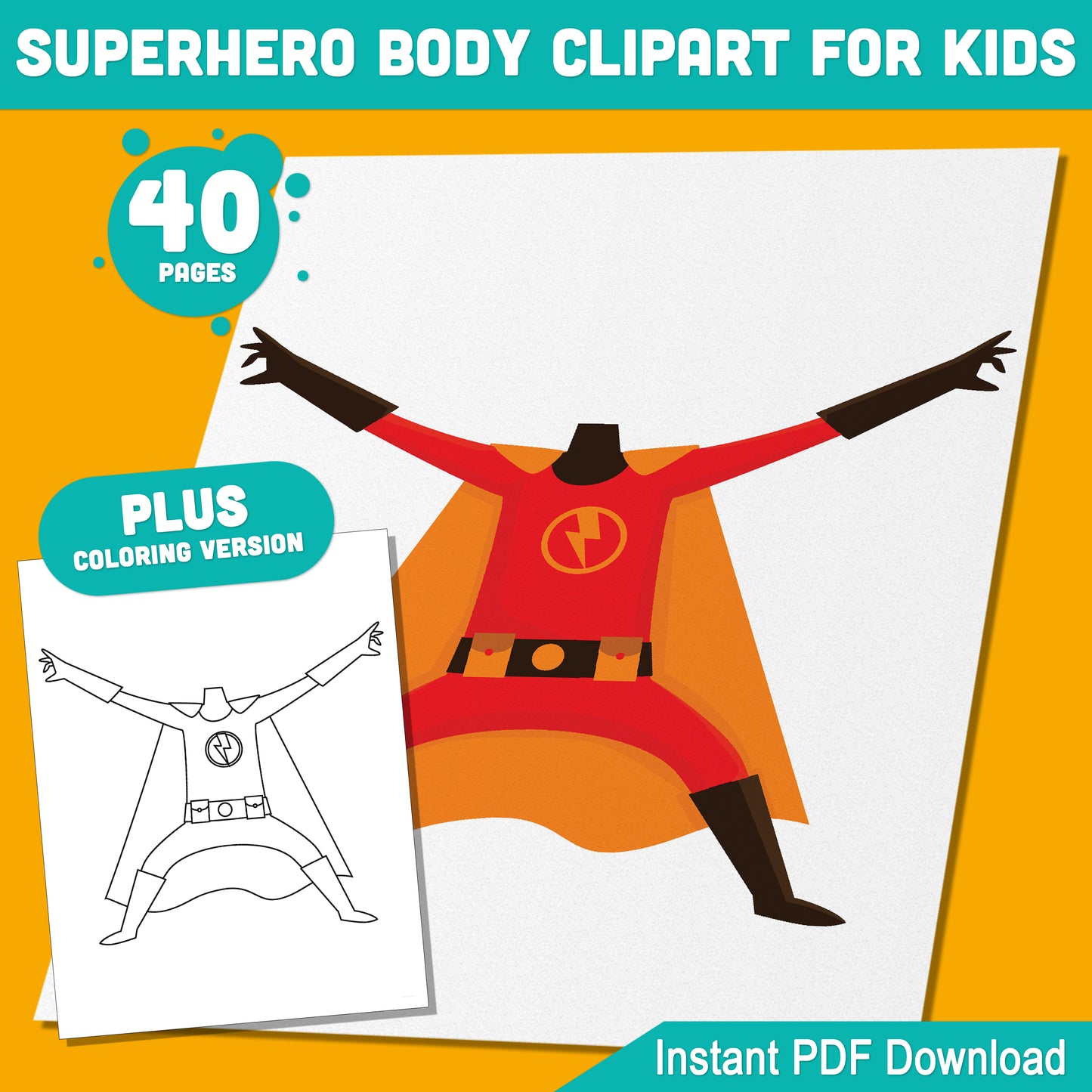 Superhero Body Clipart for Kids, 40 Printable Pages with Pre-Colored and Black & White Versions, PDF Instant Download