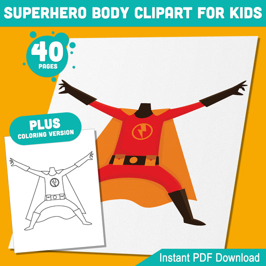 Superhero Body Clipart for Kids, 40 Printable Pages with Pre-Colored and Black & White Versions, PDF Instant Download