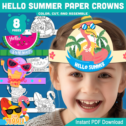 Hello Summer Paper Crown Craft for Kids – Beach Headbands in 4 Designs, Color and Black & White Printable Hats, Instant PDF, 8 Pages