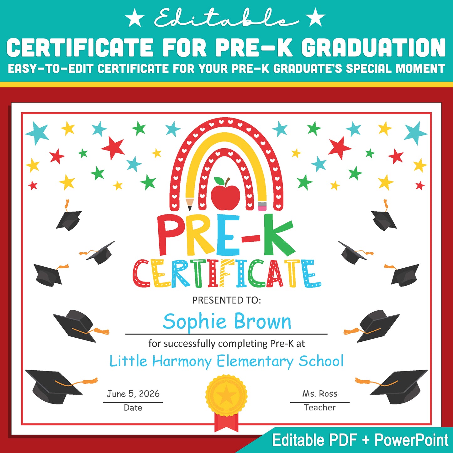 Printable Moving Up Certificate Template for Pre-K, Graduation PDF and Editable PowerPoint, Letter Size for End of Year Ceremonies