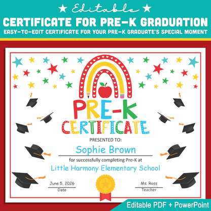 Printable Moving Up Certificate Template for Pre-K, Graduation PDF and Editable PowerPoint, Letter Size for End of Year Ceremonies