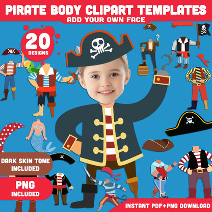 Pirate Body Clipart Templates: Add Your Own Face, Fun Printable Pirate Cutouts for Kids’ Arts & Crafts, DIY Adventure Play, Light + Dark Skin Tone, PDF + PNG